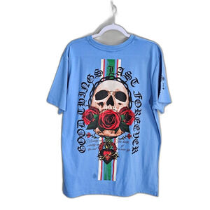 Sky Blue Short Sleeve Graphic Skull & Rose Tee
